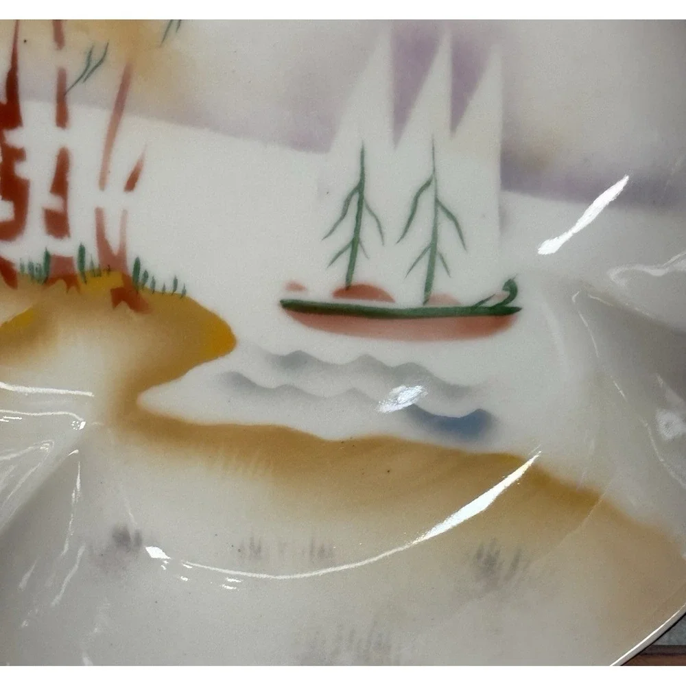 Prov Saxe E S Germany Antique Serving Dish Bowl Clover Shaped Landscape Sailboat